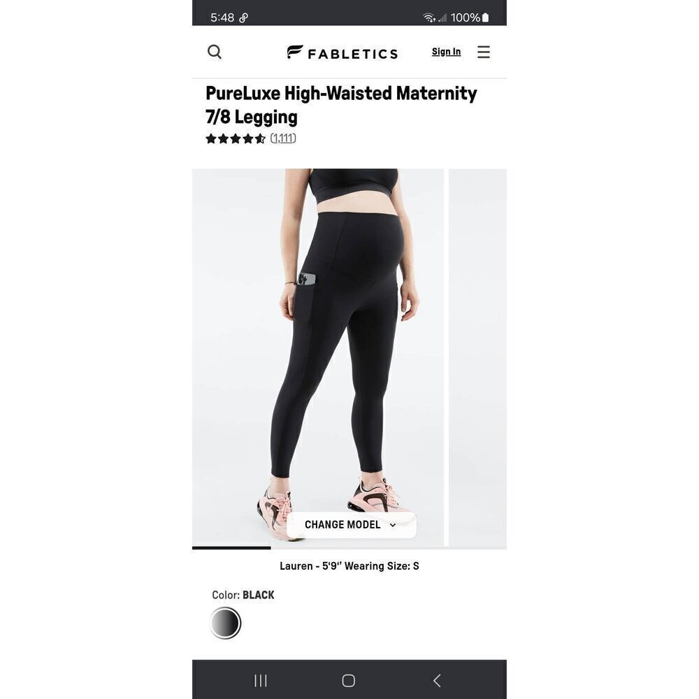 New XL Maternity Fabletics Black High Waist Pureluxe 7/8 Leggings Stretch Pants